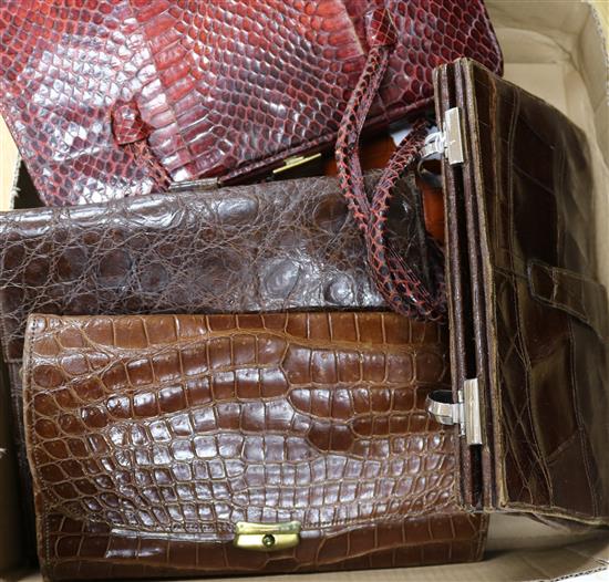 Four various crocodile handbags from 1930s-1960s and a red snake skin bag